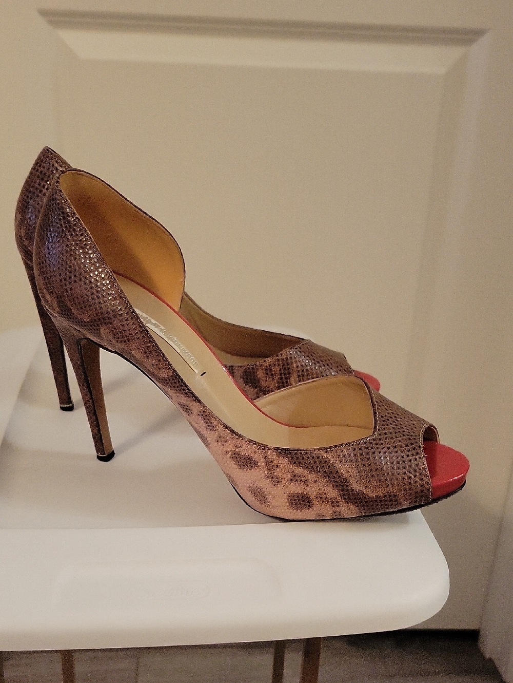 Nicholas Kirkwood Taupe Snake-Print Open-Toe Stiletto Pumps